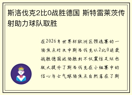 斯洛伐克2比0战胜德国 斯特雷莱茨传射助力球队取胜